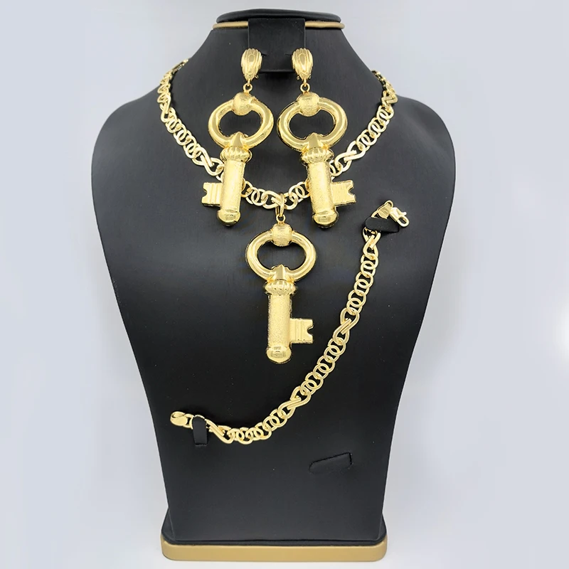 Dubai Jewelry Sets Gold Plated Necklace 60CM 45CM Copper Drop Earrings Nigerian Wedding Party  Engagement Gifts Jewellery