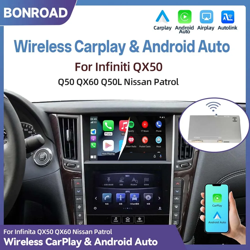 Moduł BONROAD Wireless Carplay Android Auto do Infiniti QX50 Q50L Q50 Q60 QX60 Nissan Patrol – Zestaw do aktualizacji fabrycznego radia z funkcją Bluetooth, Airplay, Mirror Link oraz nawigacji — 2