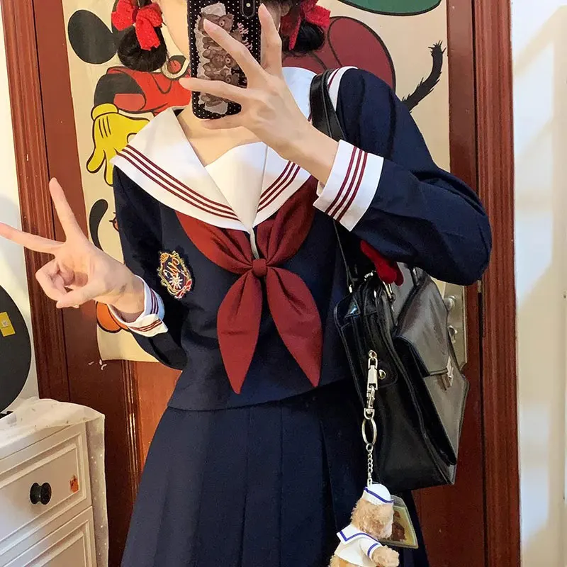 Marinha japonesa Marinheiro Conjunto Outfit, Escola Menina JK Uniforme, Curto, Manga Longa, Saia Plissada Estudante, Conjunto de 3 Peças, Coreano, Seifuku