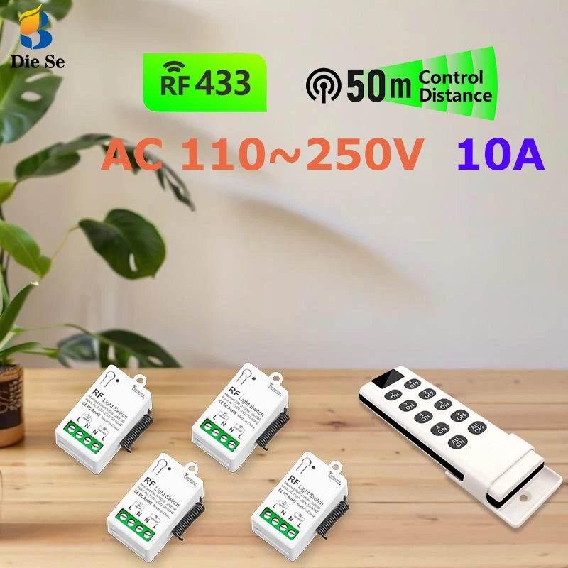 

Diese Universal Remote Control AC 110~250V 10A 1CH Relay Receiver and RF 433Mhz 10 Button Wireless Transmitter For LED/Light