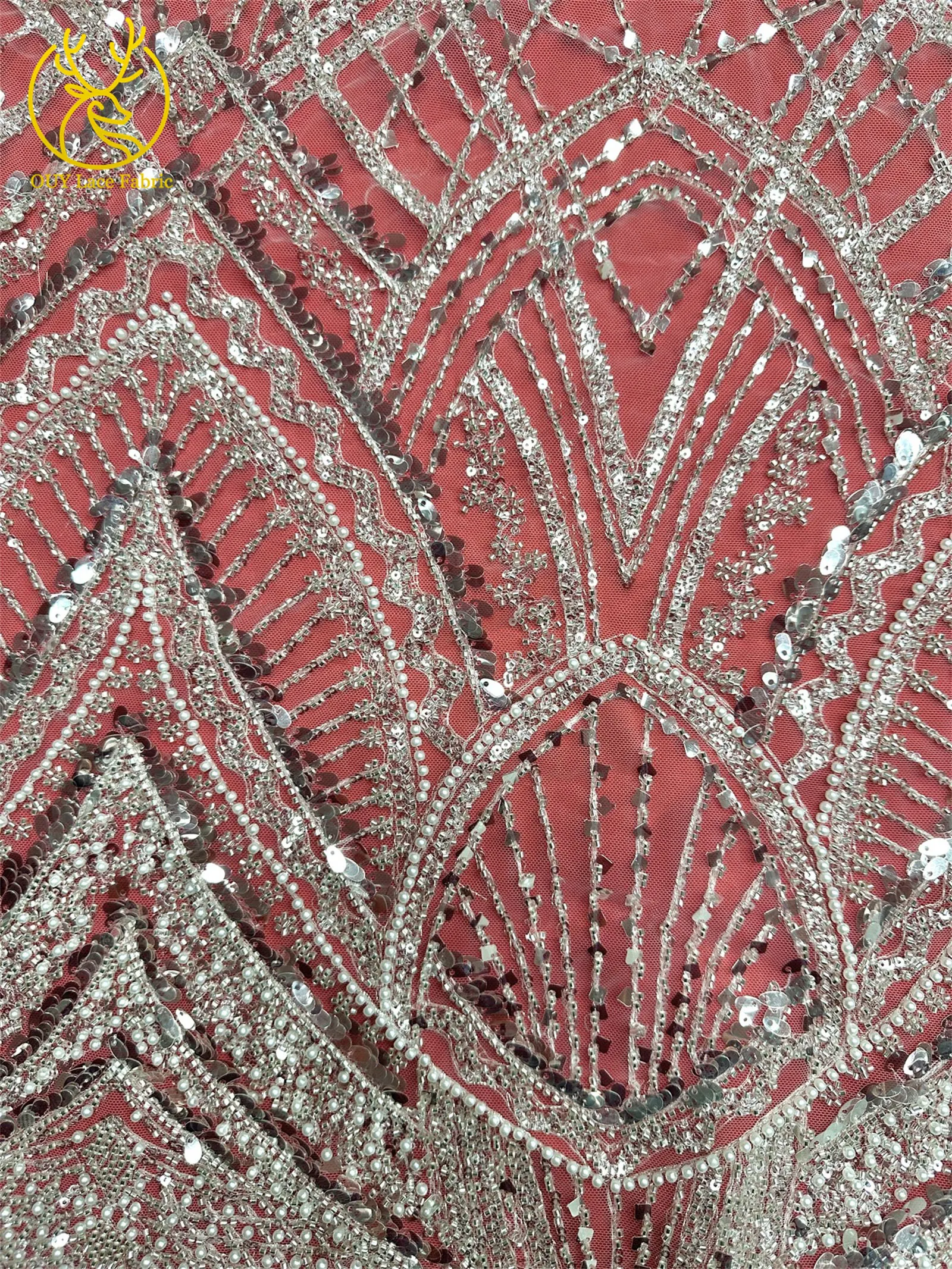 Roter afrikanischer Perlen-Spitzenstoff 2026, hochwertiger französischer nigerianischer Pailletten-Spitzenstoff für Damen, Hochzeit, Party, Kleid, Nähen – Detail 16
