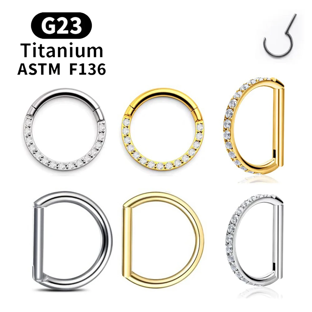 1/10PCS F136 G23 Titanium Piercing Nose Ring D Shape Hinged Segment CZ 16G Clicke Cartilage Tragus Helix Earrings Body Jewelry