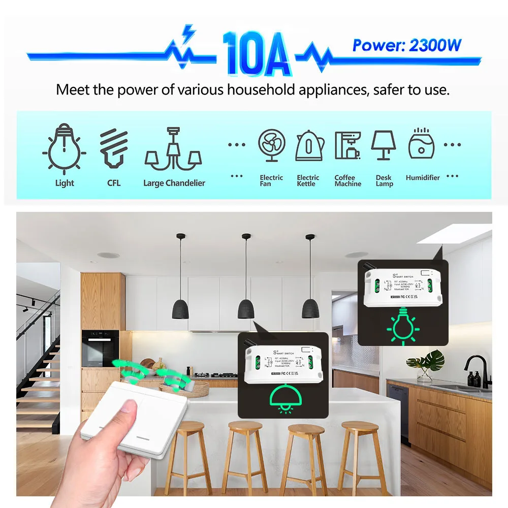 RF 433 Mhz Drahtlose Fernbedienung Licht Schalter Push Button Wand Schalter AC 110 V 220 V Relais Empfänger bis zu 100 M Steuerung für Lampe – Detail 7