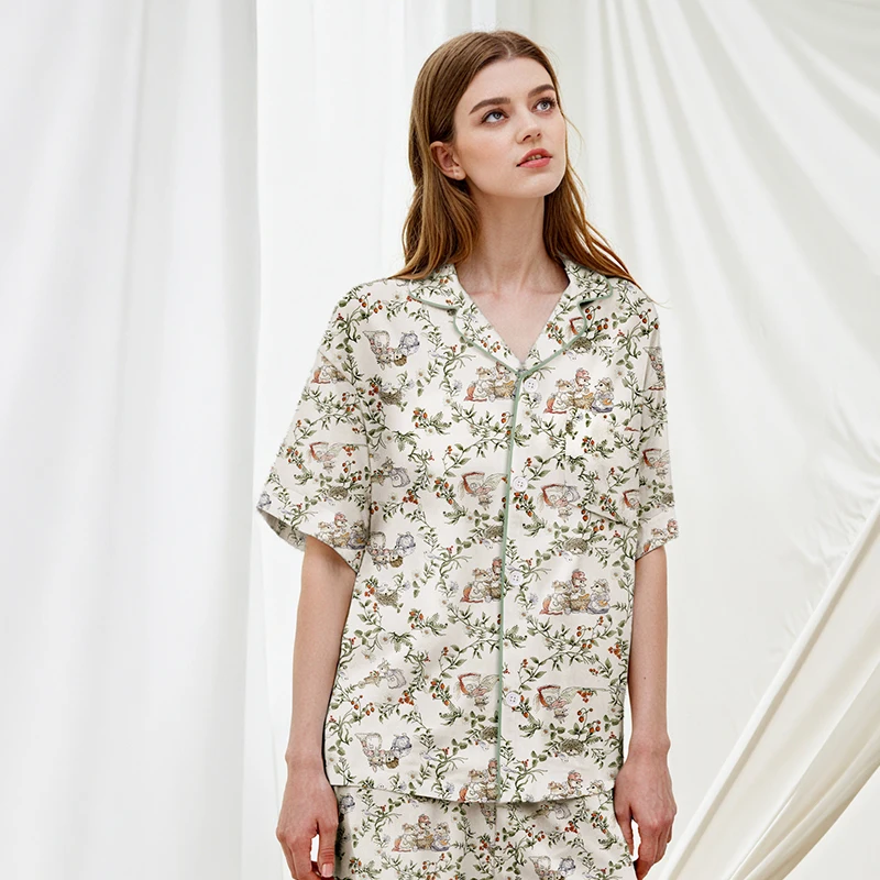 

Женский дышащий летний комплект пижамы, мягкая марлевая пижама, смесь модального вискозы и хлопка, короткий рукав и брюки 160 165 170