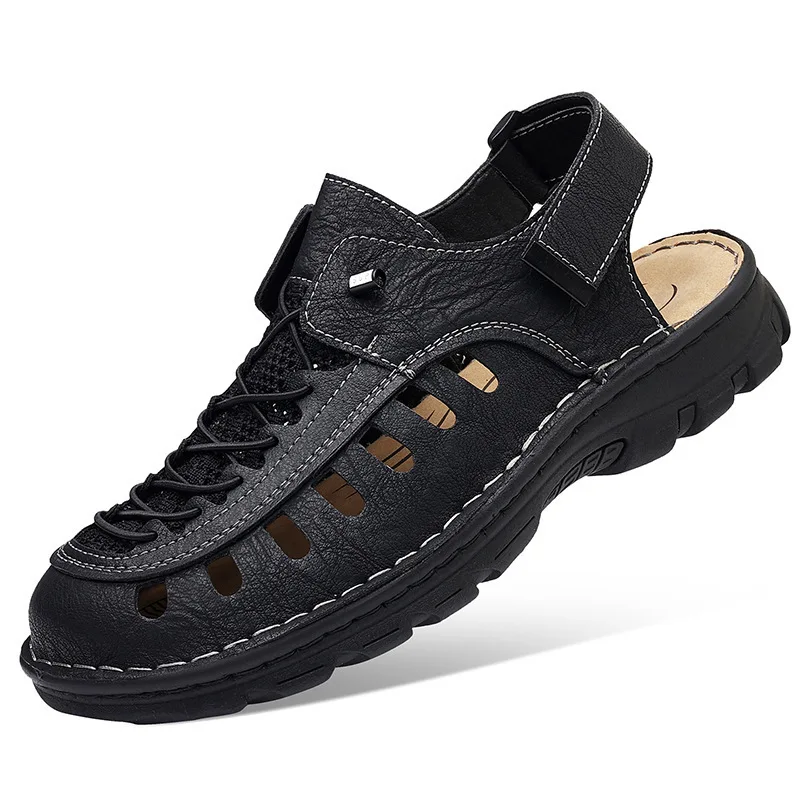 

Новые дышащие кожаные сандалии для мужчин 2026 года, однотонные, модные повседневные туфли, мужские сандалии с мягкой подошвой, большие размеры