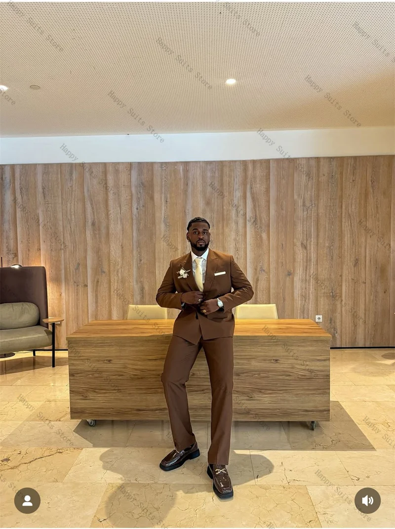 

Brown Men Suit Set 2 Piece Cotton Blazer+Pants Groom Wedding Tuxedo Formal Office Double Breasted Business Customized Jacket