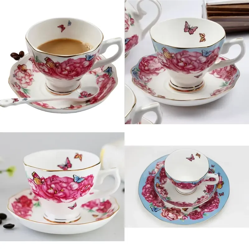 Pink Floral Bone China Tea Cup and Saucer Set Eco Friendly Afternoon Teaware with Gift Box Elegant Drinking Utensils for