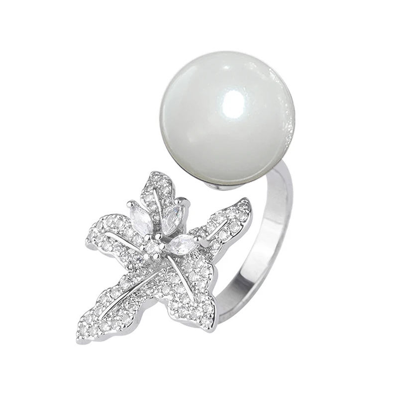 Huitan Luxury Simulated Pearl Ring Sparkling Flower with CZ New Fashion Women Opening Adjustable Rings Wedding Trendy Jewelry