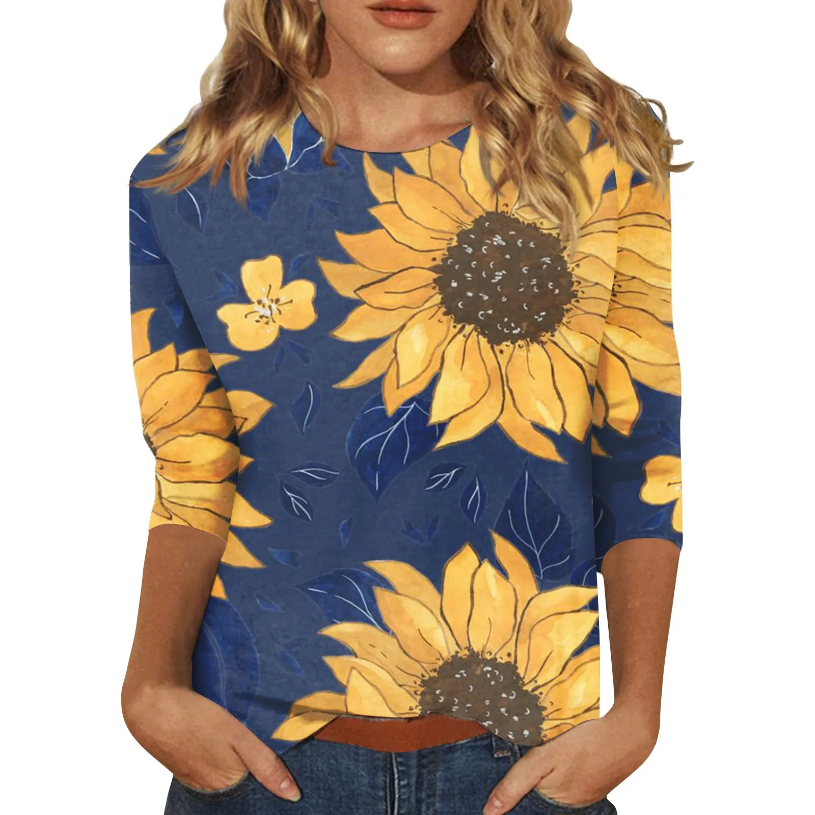 Women\'s t shirt Sunflower print Loose Casual blouse Floral Print Round Neck Three-quarter Sleeves Daily Versatile tops camisetas