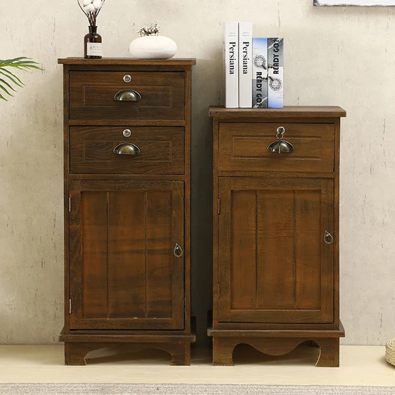Solid Wood Nightstand with Lock - Mediterranean Storage Cabinet Vintage Bedside Organizer for Bedroom Minimalist Small Furniture