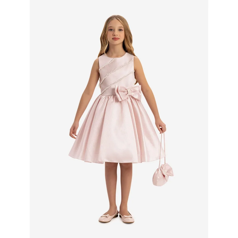 Customized Pearls Flower Girls Dress for Wedding 2026 Bow Pink Kids Gown A Line Luxury Birthday Party First Communion Kids Gowns