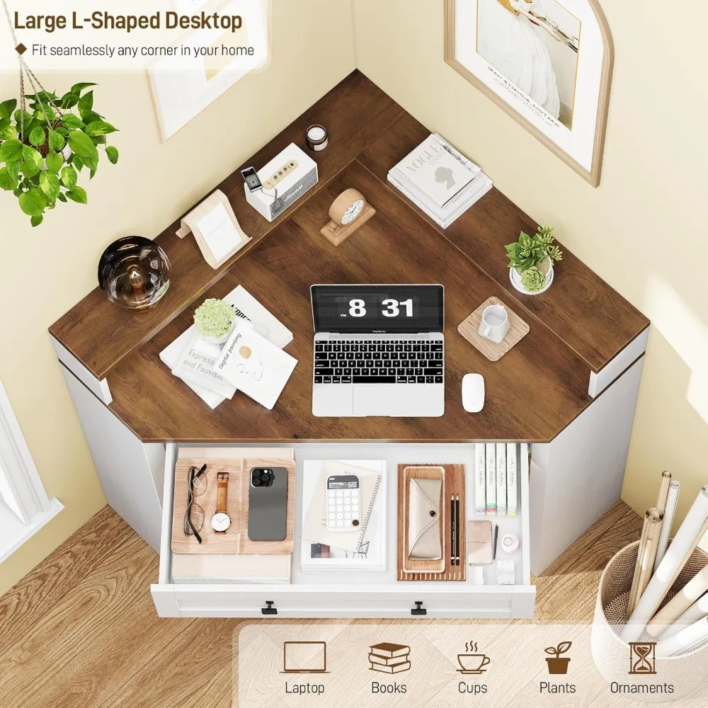 مكتب زاوية، مكتب كمبيوتر مثلث، محطة عمل المكتب المنزلي مع درج وحامل شاشة لزاوية المزرعة للمساحات الصغيرة #5