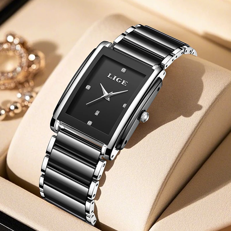 

LIGE Elegant Fashion Watches for Women Simple Luxury Square Casual Ceramic Calendar Ladies Quartz Woman Watch Gifts Reloj Mujer