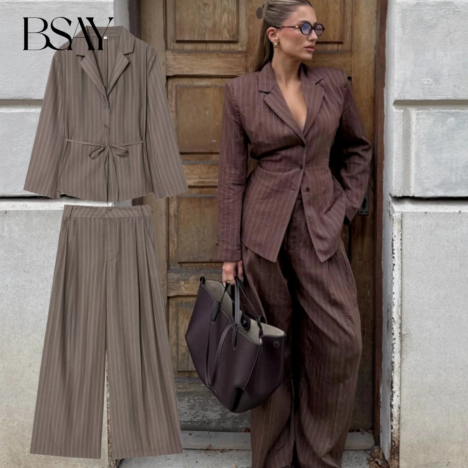 BSAY Women V-neck Gray Lace Up Stripes Blazer Straight Wide Leg Pants Set Women 2025 New Tide Fashion Shoulder Pad Blazer Outfit