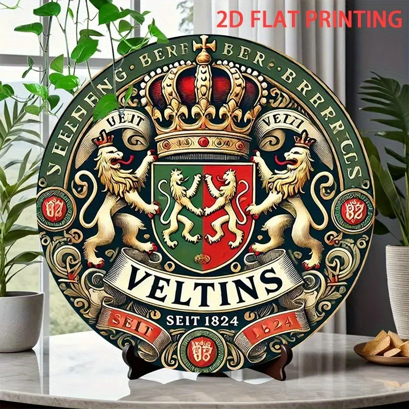 2D Flat, 1 Stück Vintage Veltins Crest Blechschild – gegründet 1824 – robuste Wanddekoration aus Eisen und Metall – einfaches Aufhängen mit vorgebohrtem H