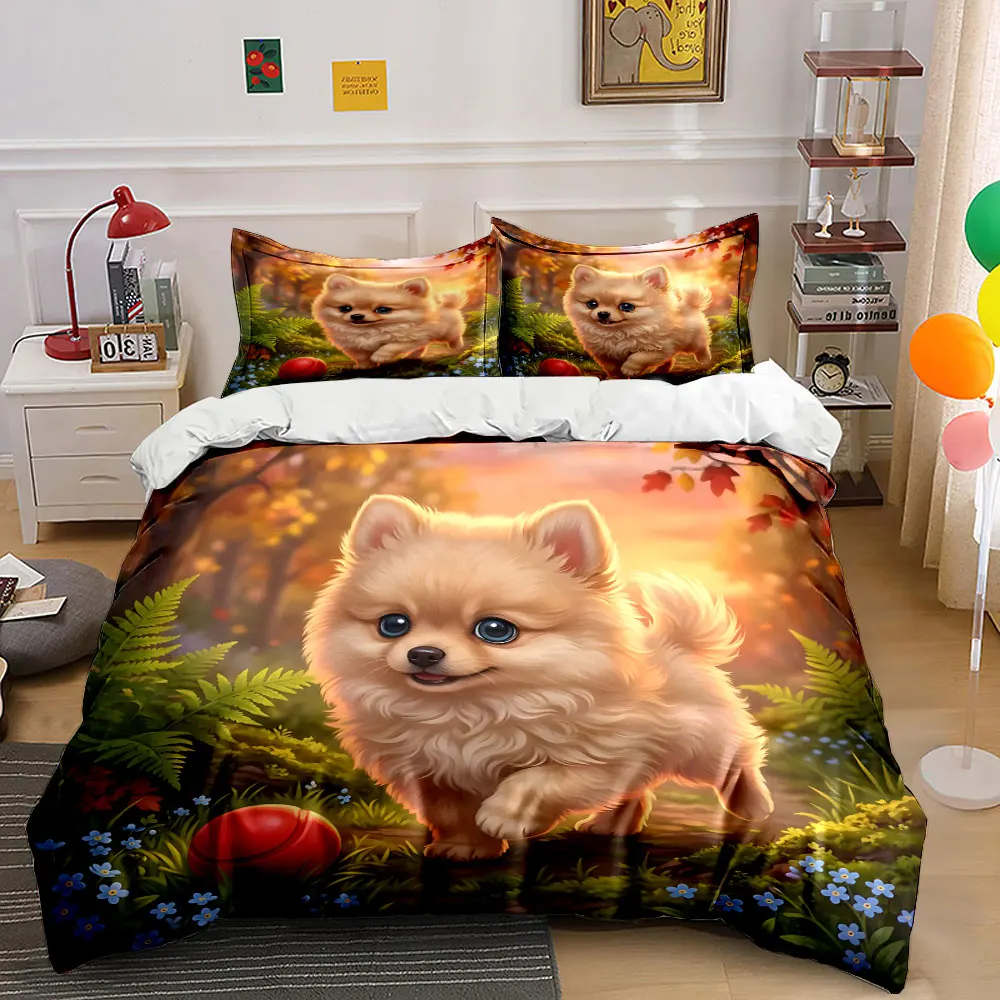 Fluffy dog strolling in forest Bedding Set for Kids Luxury Gift 3pcs Digital Print Comforter Set Soft Comfortable Breathable