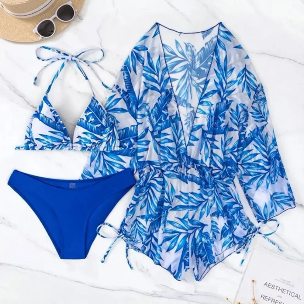 

Swimwear 3 Pieces Set Bikini Sets Print Halter Neck Strap 3 Pieces Halter Bikini Flower Push-up Bra Women's Bathing Set Women
