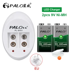 PALO 9V Ni-Mh Rechargeable Batery 9V 6F22 Batteries with Smart Battery Charger for 6F22 9V NiMh Li-ion Rechargeable battery 9V