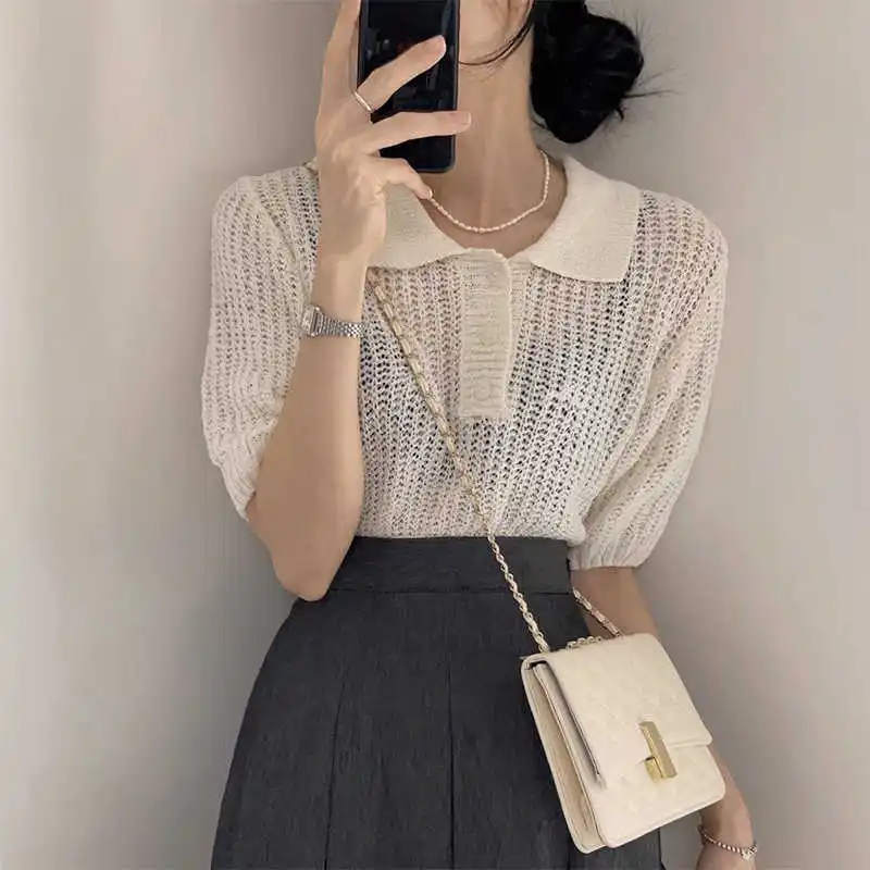 

Clothland Women Elegant Solid Short Sleeve Blouse Knitwear Hollow Out Shirt Sweet Casual Tops Blusa DA585