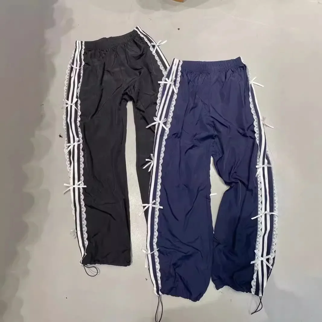 

Sport Pants Women Ankle Length Trousers Elastic Waist Lace Capris Bow Straight Slacks Spring Y2k Summer 2025 Sportswear Casual