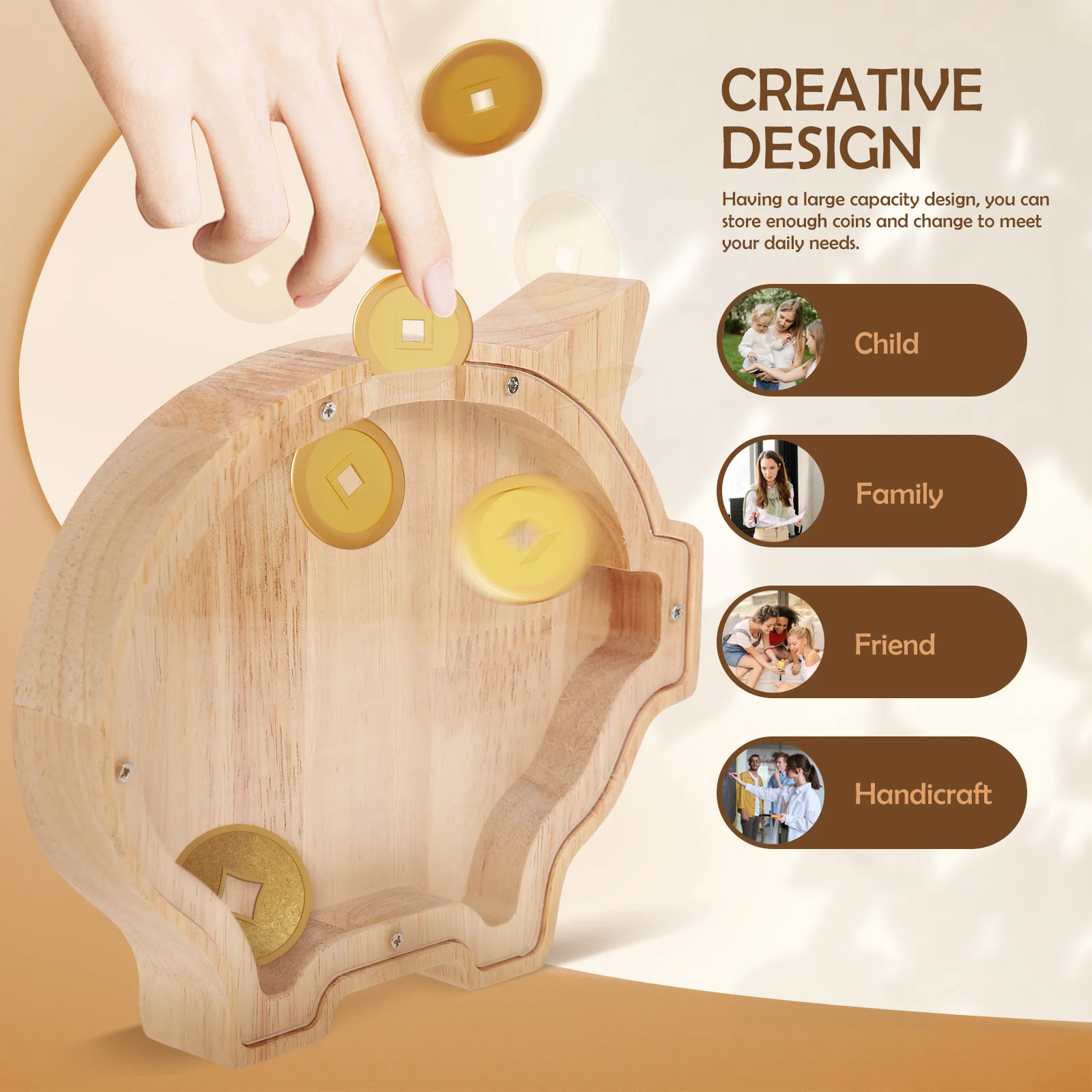 

Animal Shaped Piggy Bank Large Capacity Clear Saving Pot Wood Craft Kids Coin Collector Kids Saving Pot Gift Decorative Jar