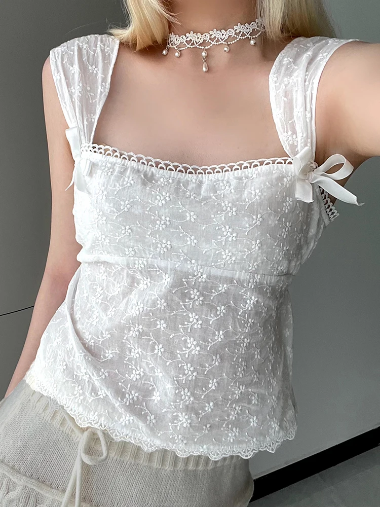 Rockmore White Lace Tank Top Women Lace-up Bow Camis Y2K Japanese style Sleeveless Crop Top Kawaii Side Zip Up Mini Vests Korean