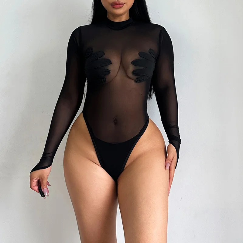 Women High Cut Long Sleeve Handprint Bodysuit Sexy Mesh Bodysuit Thong Leotard Top See Through Blouse Shirt