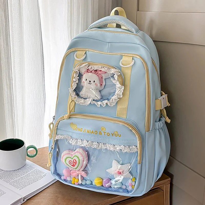 

Richme Lolita Women Backpacks Dopamine Lace Clear Window Doll Show Mochilas Para Mujer Large Capacity Students DIY Commute Bag