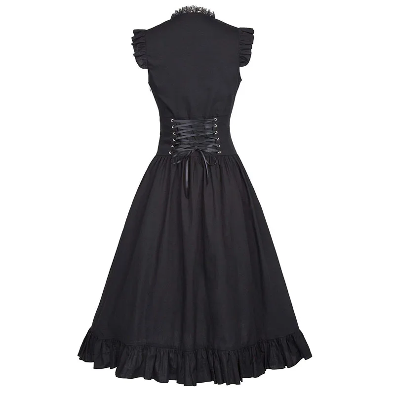 New Vintage Elegant Lace Up Goth Retro Party Dresses Women Gothic Punk Dress Long Flare Sleeve Sexy Black Mesh Sawing Dress