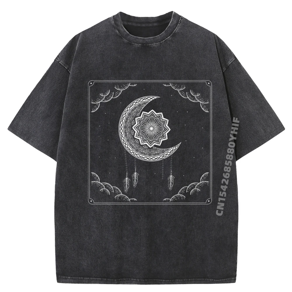

Wiccan Celestial Body Pagan Dreamcatcher Crescent Moon Premium Hiphop Streetwear Men's Clothing Outdoor Washed Tops