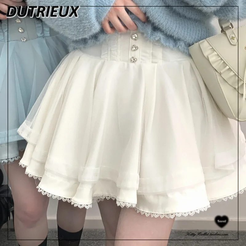 Sweet and Cute Girl High Waist Lace-up A-line Short Skirt Summer Japanese Mine Diamond Buckle Big Swing Yarn Mini Skirts