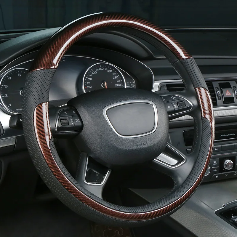 

Universal Carbon Fiber Steering Wheel Cover Black Coffee Color Non Slip Grip