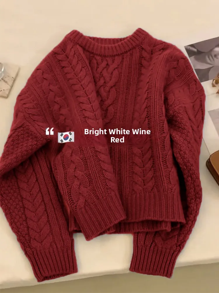 سترة محبوكة بنفسجية اللون للنساء، تصميم سميك للخريف والشتاء، نمط فضفاض وكسول، أكمام طويلة، ياقة مستديرة، بلوفر محبوك #2