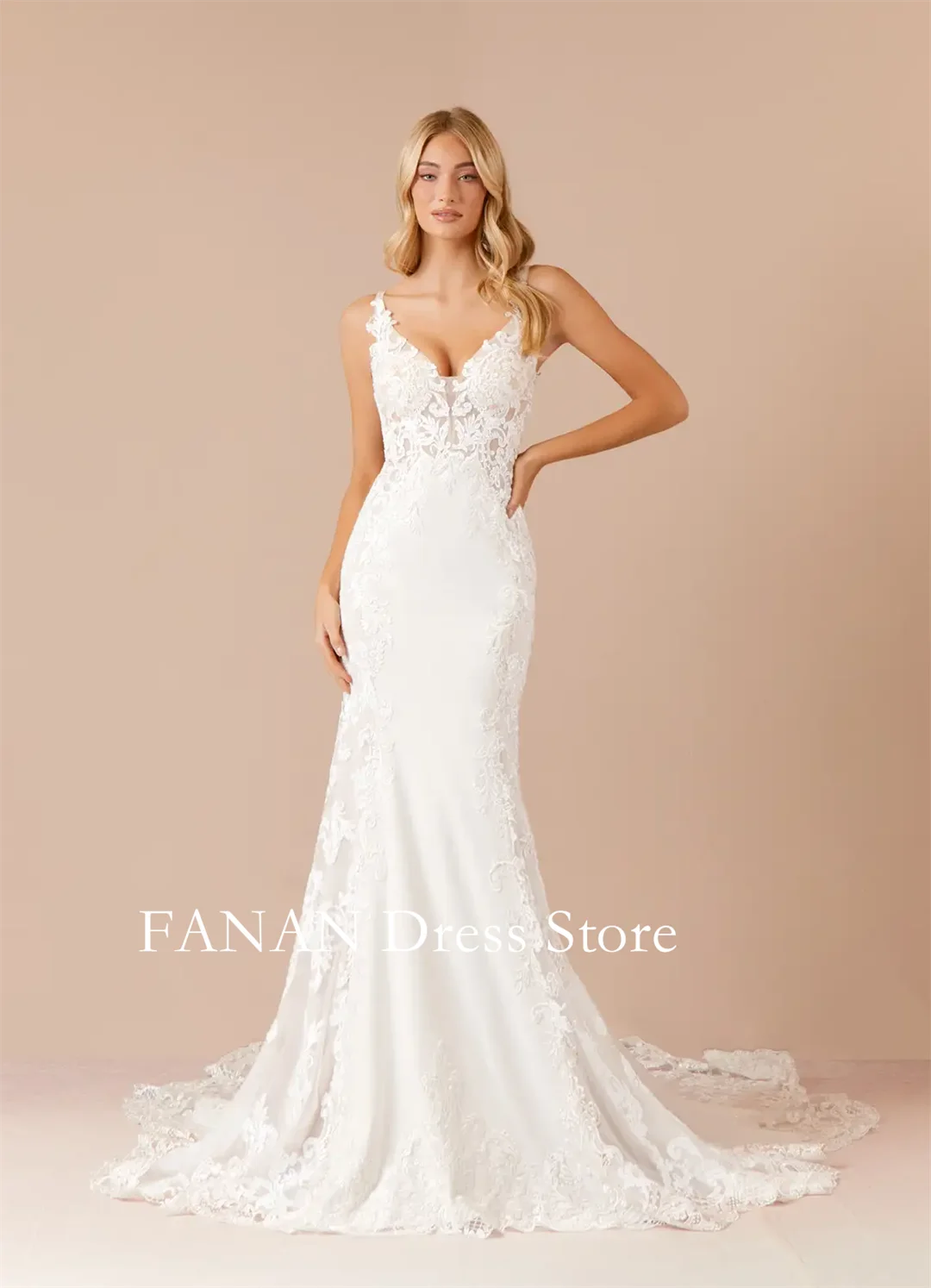 Fanan Diamond White Mermaid Sequins Stretch Crepe Dress Buttons Customized  Wedding Gown Elegant Wedding Dresses without Sleeves