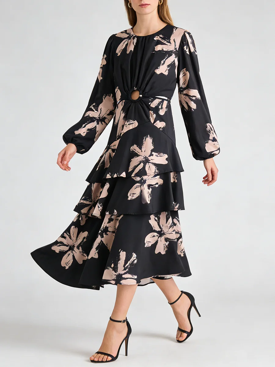 Vestidos Midi Femininos com Estampa Floral Sofisticada VGH, Design com Recorte na Cintura e Barra em Camadas para Reuniões Casuais de Negócios
