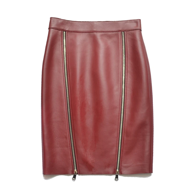 Locomotive Skirt Women 2023 Genuine Leather High Waist Burgundy Wrap Jupe Mujer Personality Zipper Split Saias Ladies Sexy Gonna