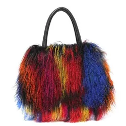 2024 Real Mongolian Fur Bags Australian Beach Wool Fur Shoulder Bag Ladies Tibet Lamb Fur Wrist Bag Large Capacity