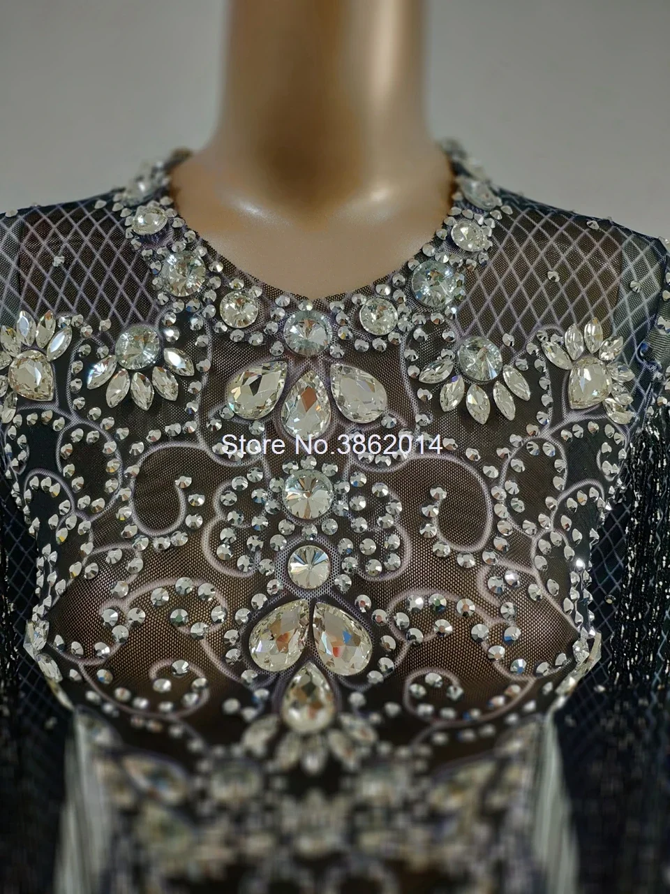 Black Diamond Fringes ชุดดูผ่านคริสตัลชุดราตรียาว Rhinestones ชุดวันเกิดพู่เครื่องแต่งกายเวที