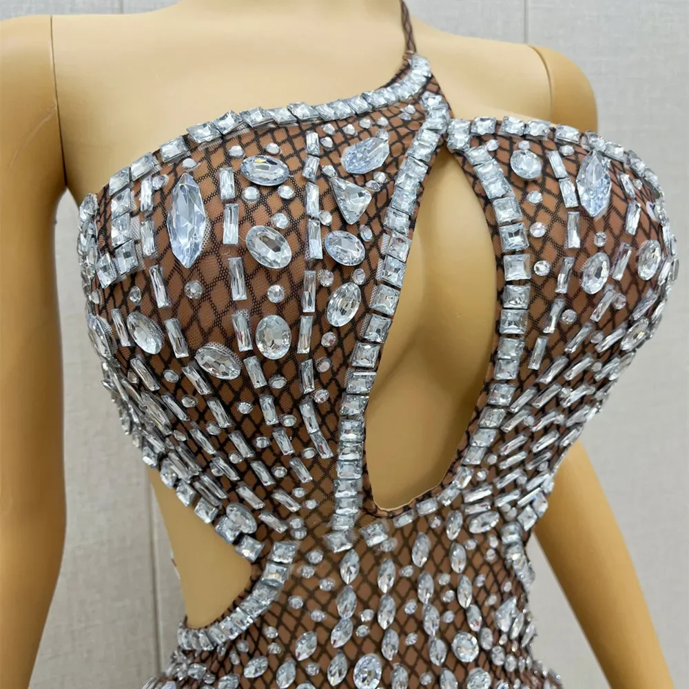 Club Nightclub Party Short Dress Women Singer Stage Performance Costume Sexy Backless Slanted Shoulder Tight Crystal Mini Dress