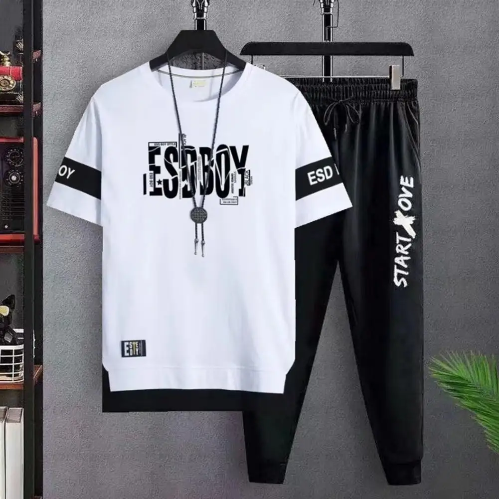 Short-sleeved T-shirt Trousers Set Men's Casual Sportswear Set O-neck Letter Print T-shirt with Elastic Waist Jogger for Summer