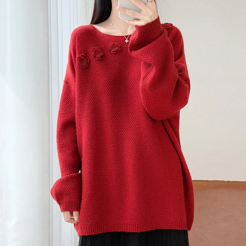 Heavy hand-embroidered 100% pure cashmere sweater knitted sweater belt loose temperament bottoming coat