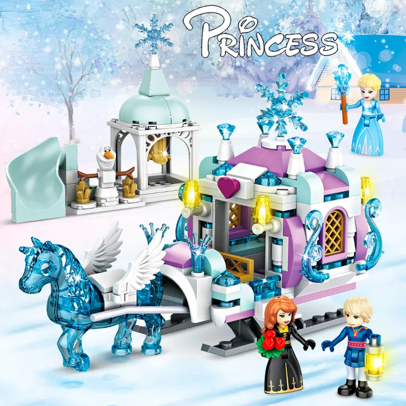 Friends Princess Luxury Ice Castles Playground House Movies Winter Snow Horse Figures Building Blocks Set Toy For Girls Diy Gift