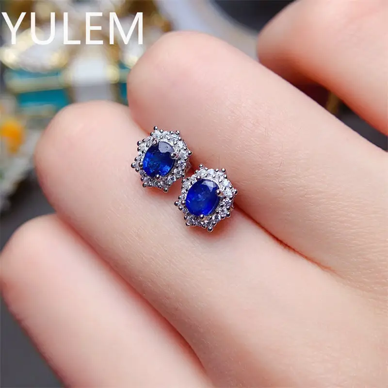 100% Genuine Sapphire Stud Earrings 4 Mm* 5mm Dark Blue Sapphire Gemstone Earrings Simple 925 Silver Sapphire Earrings for Girl