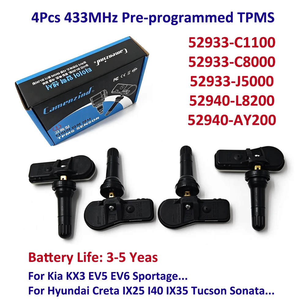 4Pcs TPMS Tire Pressure Monitor Sensor 52933-C1100 52933C1100 433MHz For Kia Hyundai Creta IX25 I40 IX35 Tucson Sonata 2014-2020
