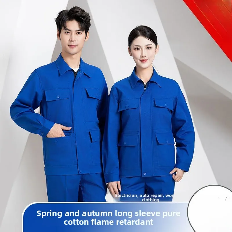 Pure Cotton Flame Retardant Welding Auto Repair Anti-scalding Overalls Suit Long Sleeve Pockets Wear-resistant Workshop Clothes