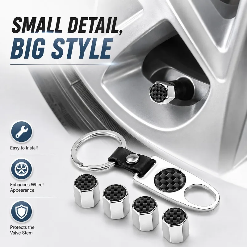 Universal Alloy Car Tire Valve Stem Caps 4PCS, Carbon Fiber Texture Wheel Air Valve Covers with Keychain, Waterproof Dustproof