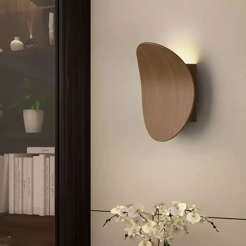 Moderna lâmpada de parede madeira para o quarto cabeceira sala estar interior led luz redonda estudo corredor decoração para casa luminárias