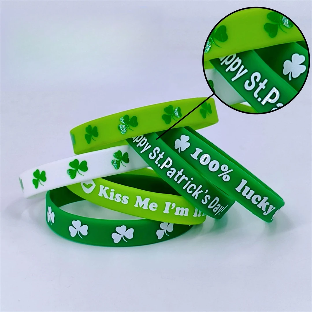 St. Patrick\'s Day Shamrock Bangle Bracelets Green Irish Rubber Wristbands Bracelet for Kids School Party Favors Supplies