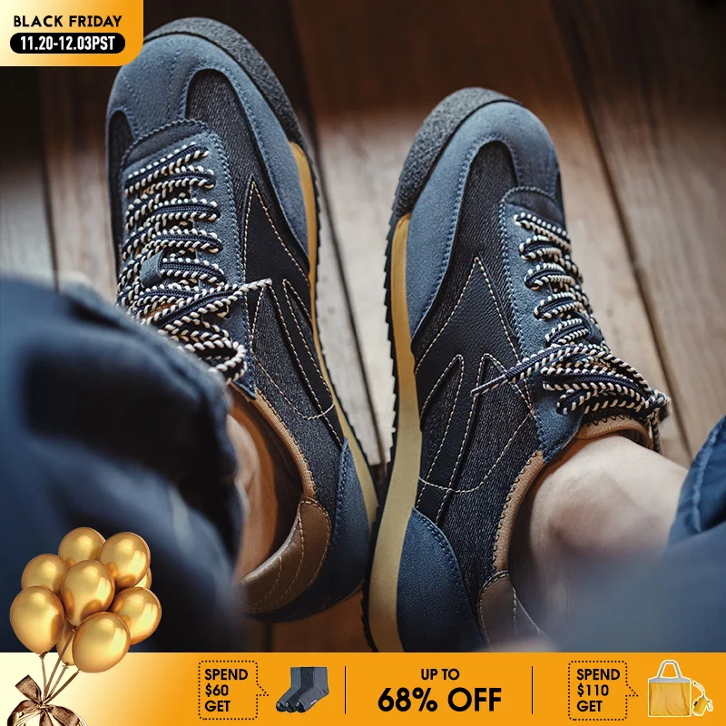 

Maden Men's Summer Vintage Blue Denim Patchwork Training Shoes Breathable Casual Jogging Shoes Running Trendy Street Sneakers