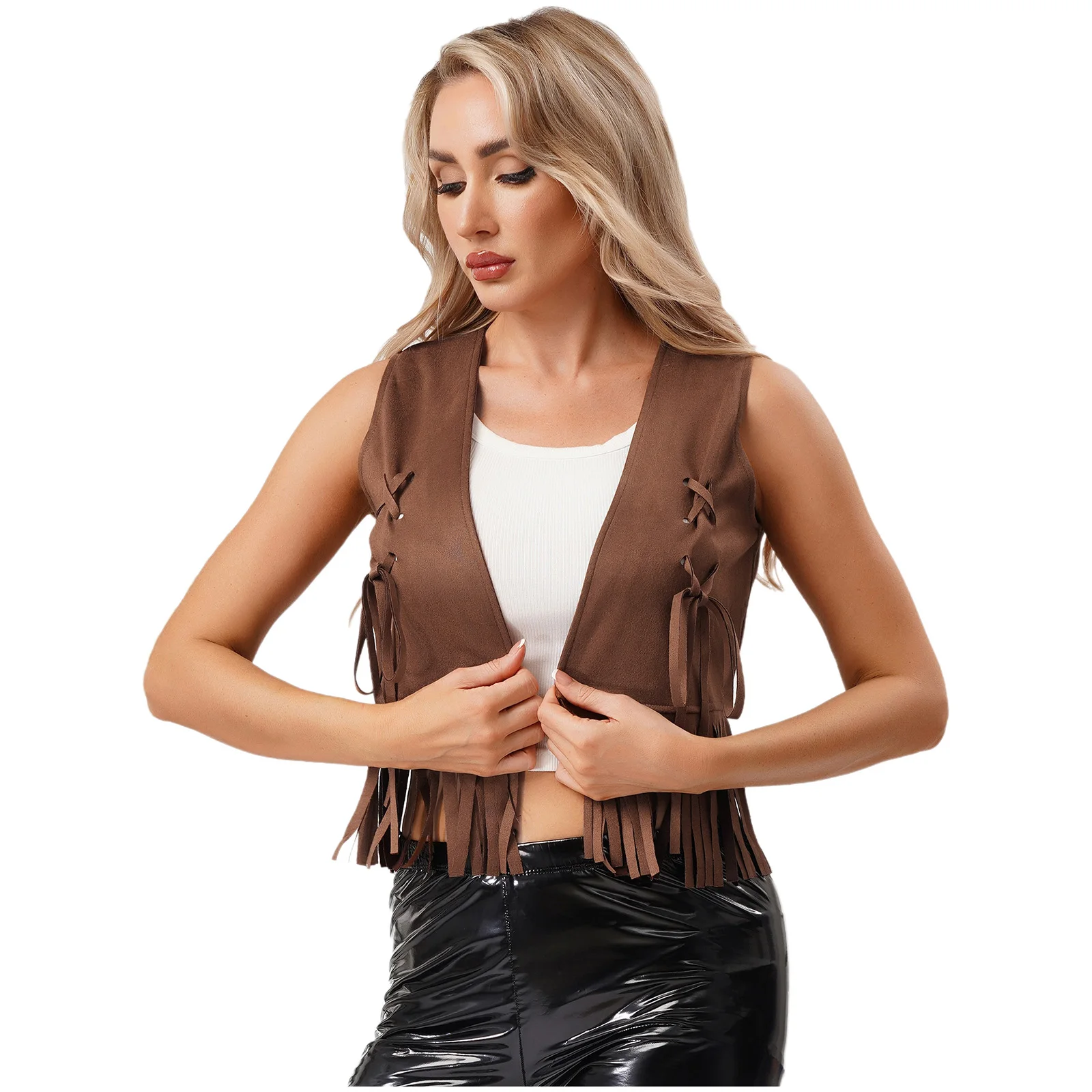 Womens 70s Hippie Cowgirl Cropped Tank Top Open Front Tying Decor Tassel Trim Cardigan Vest Disco Dance Vintage Party Costume